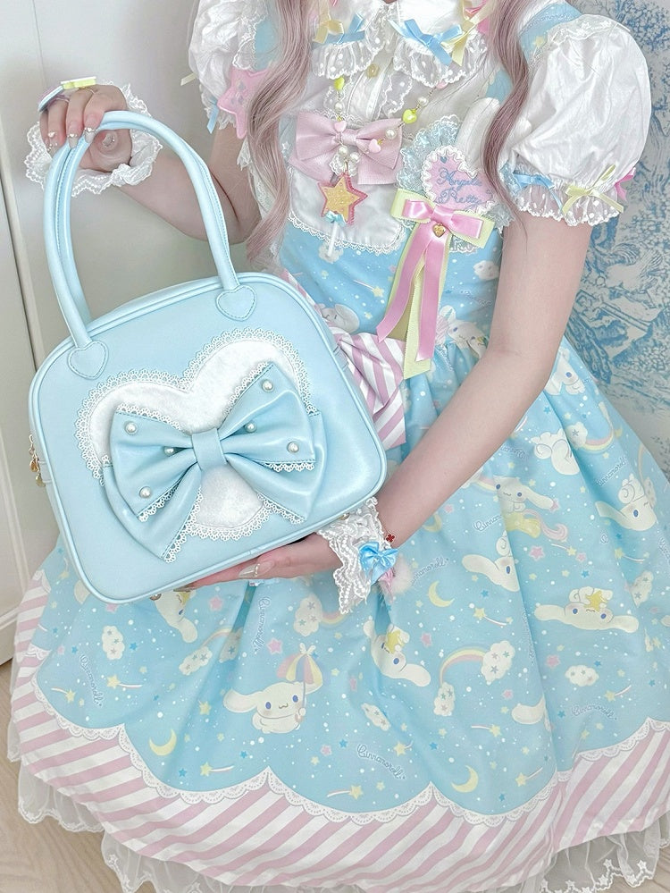 Heart Lolita Sweet Hand Plush Decorated Bowknot Blue Beaded Bag