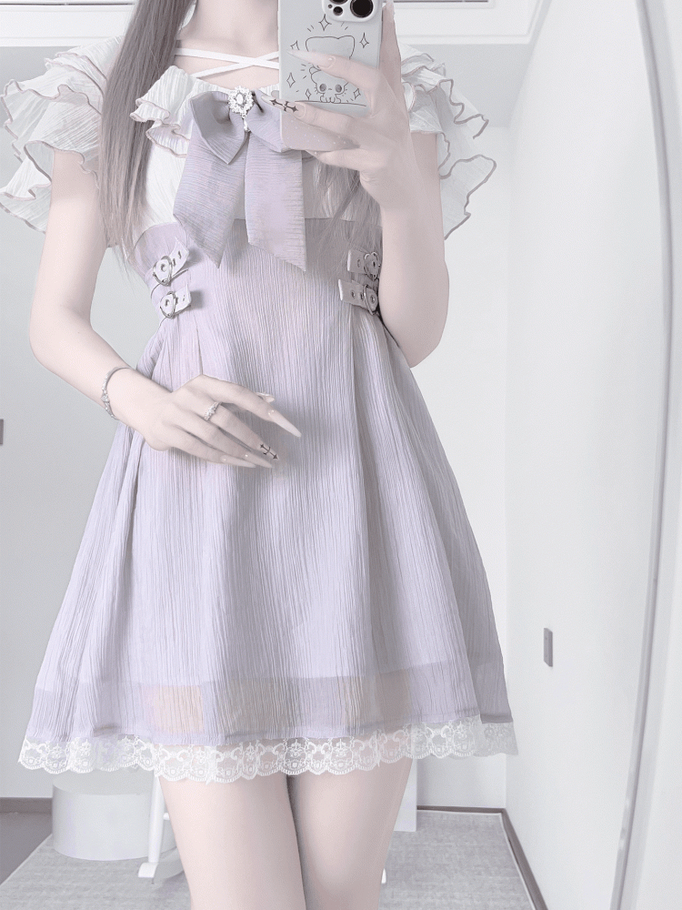 Dress with Flounce Waist Jirai Buckles Bowtie Hem Heart Version Neckline Tiered Lavender Short Kei