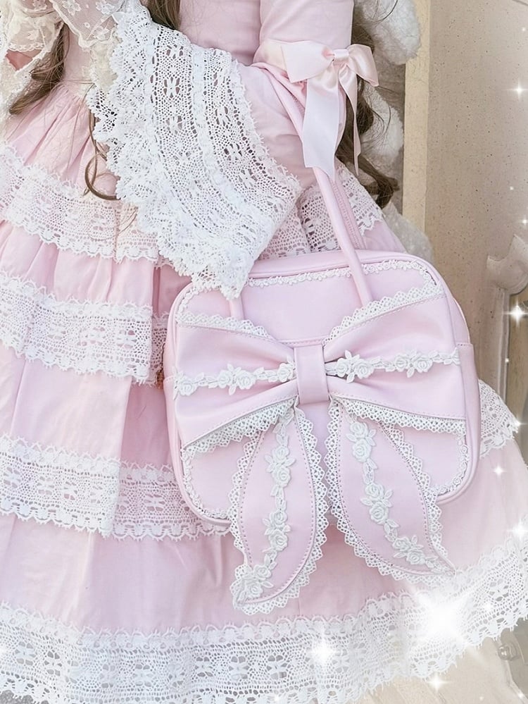 Old Square School Lace and with PU Lolita Pink Shoulder Bag Bow Details