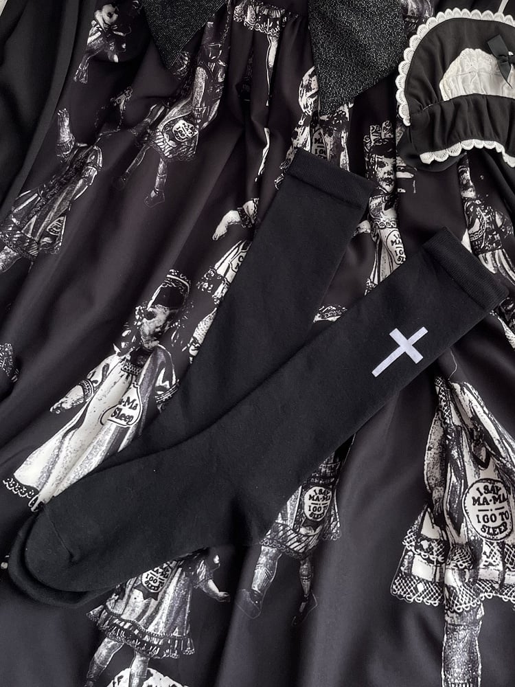 Wadensocken Weiß/Schwarz Print Cross Lolita