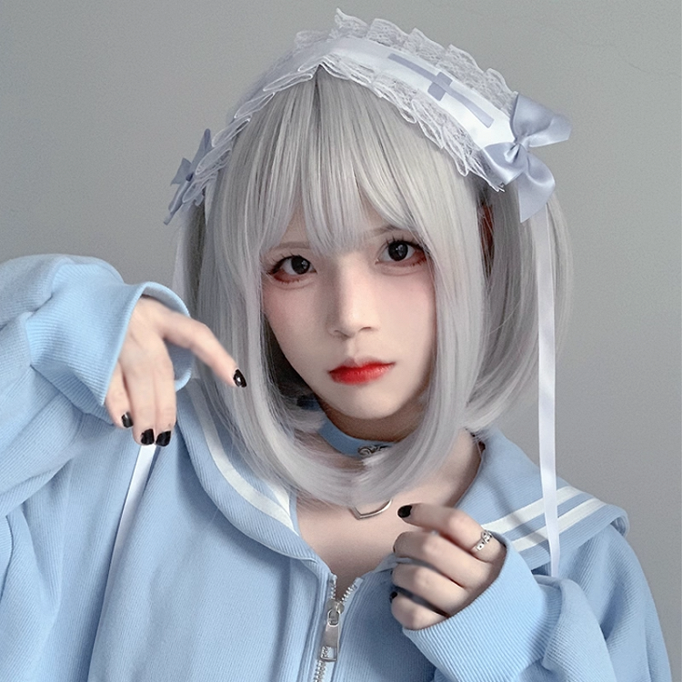 Ruffled Lace Hairband with Light Jirai Kei White Blue Bow and Cross