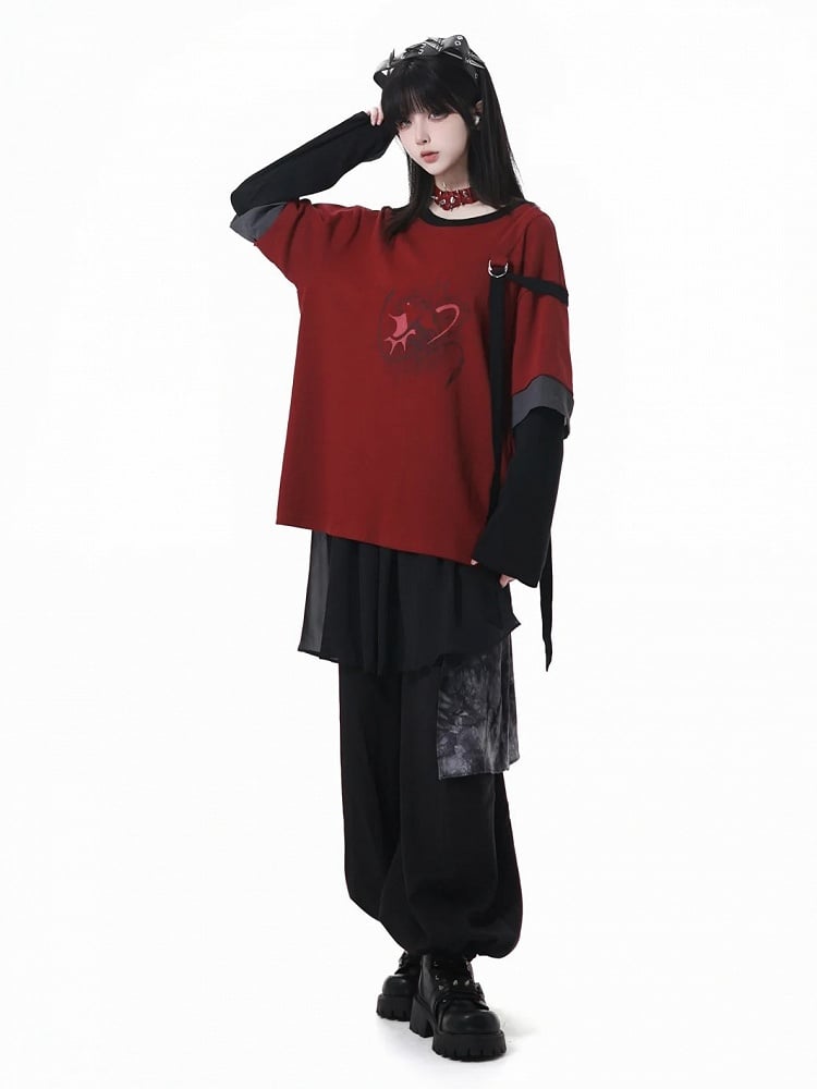Graphic Top with Detachable Sleeves Style Black Cheongsam Red and