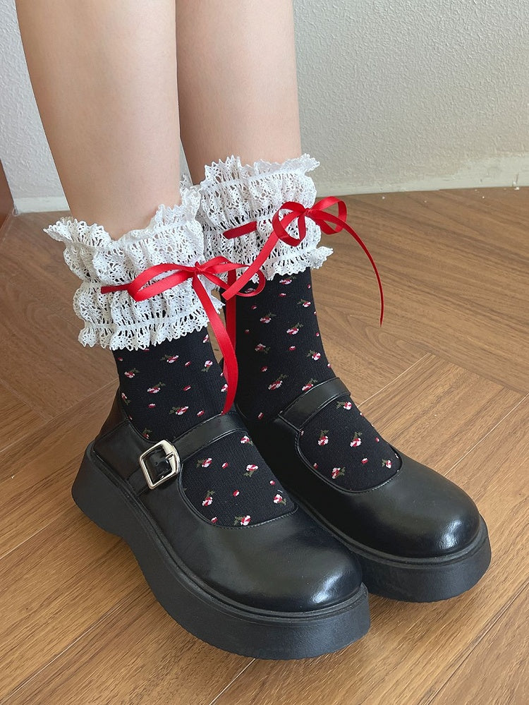 Calf Pattern Trim Bowknot Black/White Socks Details Floral Lace