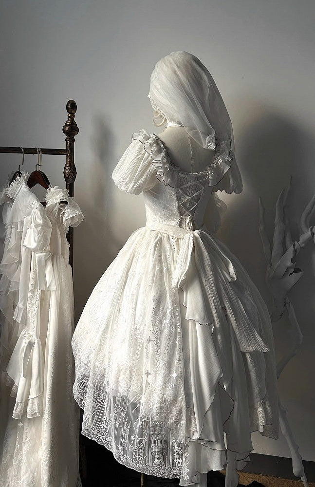 White Shiro Dragon Bone Embroidery High-low Skirt Dress Gothic Lolita OP with Cathedral Embroidery Overlay