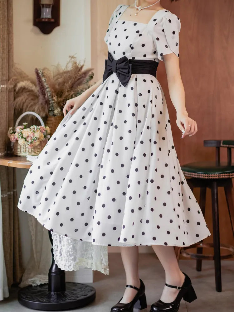 and Neckline Polka Dots Square Petal Dress Sleeves Black White Pattern