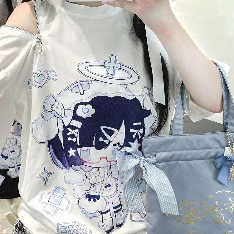 Kei Jirai Yami Kawaii Cartoon Print Zipper Detail Open Shoulder Black/White T-shirt