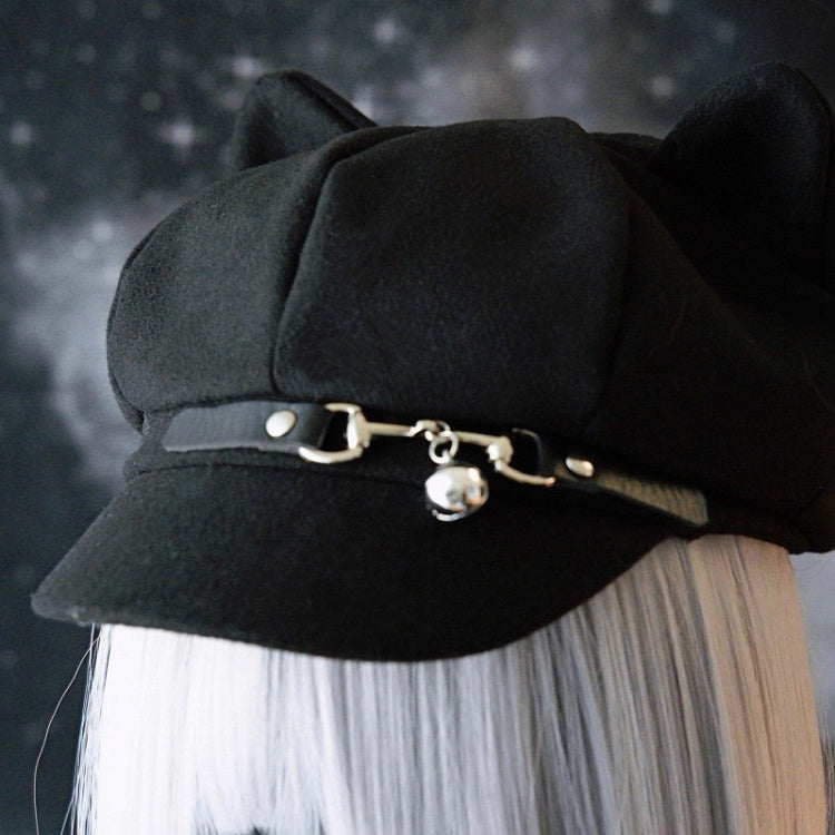 Hut Katze Schnalle Ohr Schwarz Design Gothic Glocke Charme Baskenmütze