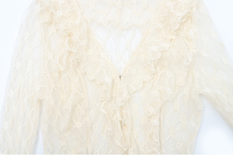 Beige Cascading Ruffle Trim Lace Top