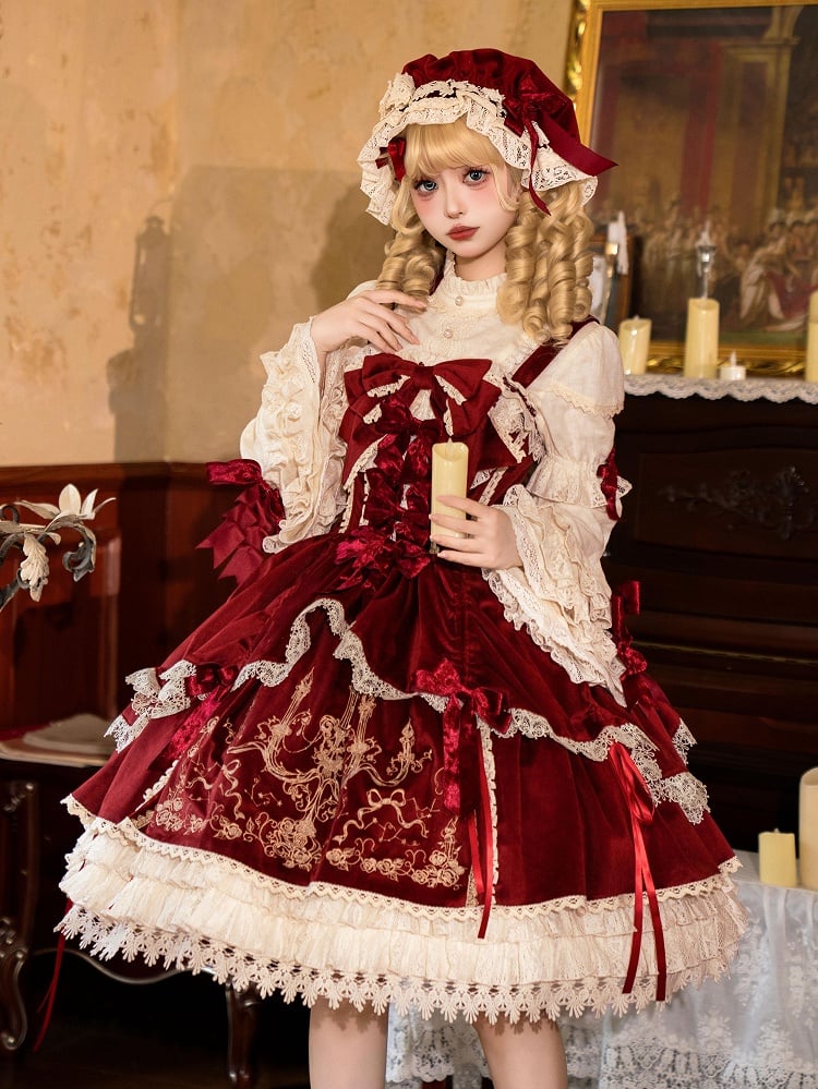 / Dress Red Lolita Decoration JSK Bows Velvet Embroidery Candle