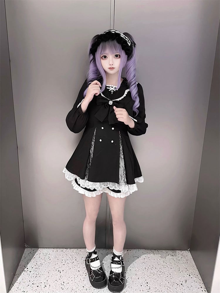 High Mini Coord with Dress Slit Matching Kei Black Set: Jirai Lace-Paneled Edgy Shorts