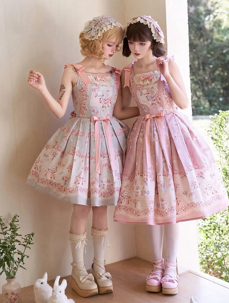 Kitty and Floral Green Sweet Lolita Jumper Skirt