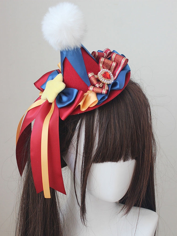 Blauer und roter Zirkus-Süßer Lolita-Minihut mit Stern und Perlenschleife