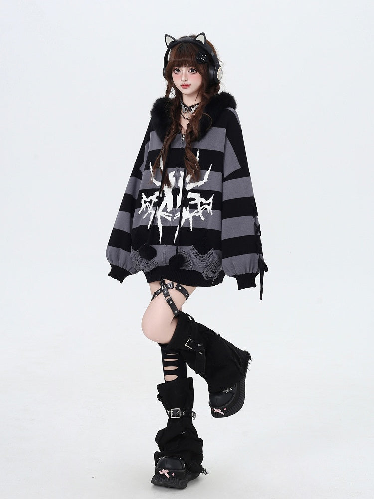Hooded Striped Gray Fur Detachable Faux Zip Trim Punk Black with Sweater