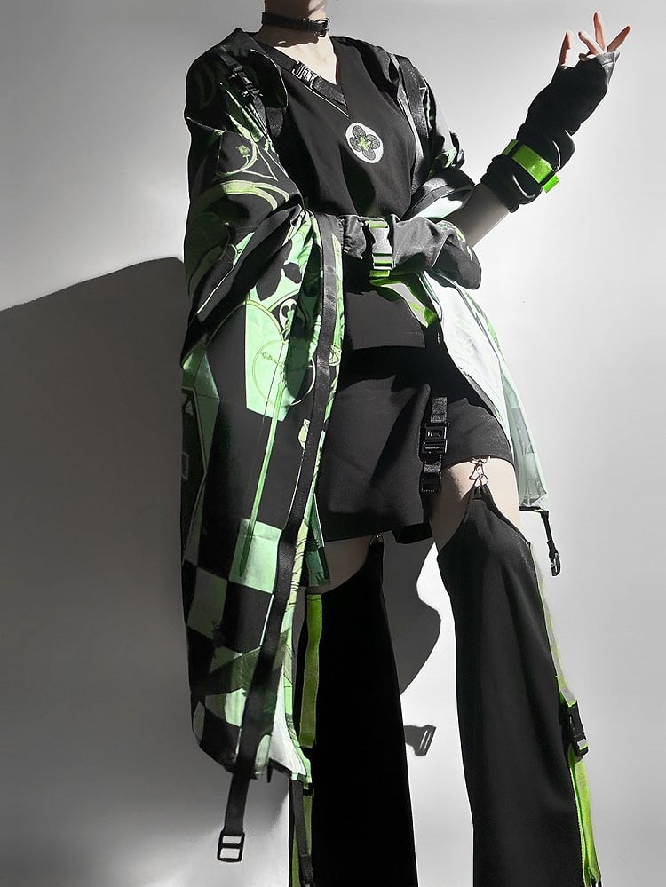 Ears Strappy Fashion Green Cyberpunk Buckle Hooded Top Details Ouji Cat Techwear