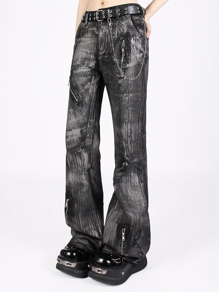 Vintage Punk Graffiti Black Low-Rise Jeans with Asymmetrical Zipper Design