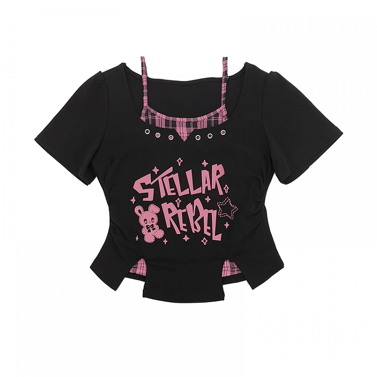 Y2K Black Print T-Shirt Pink/Black Faux Two-Pieces White Bunny