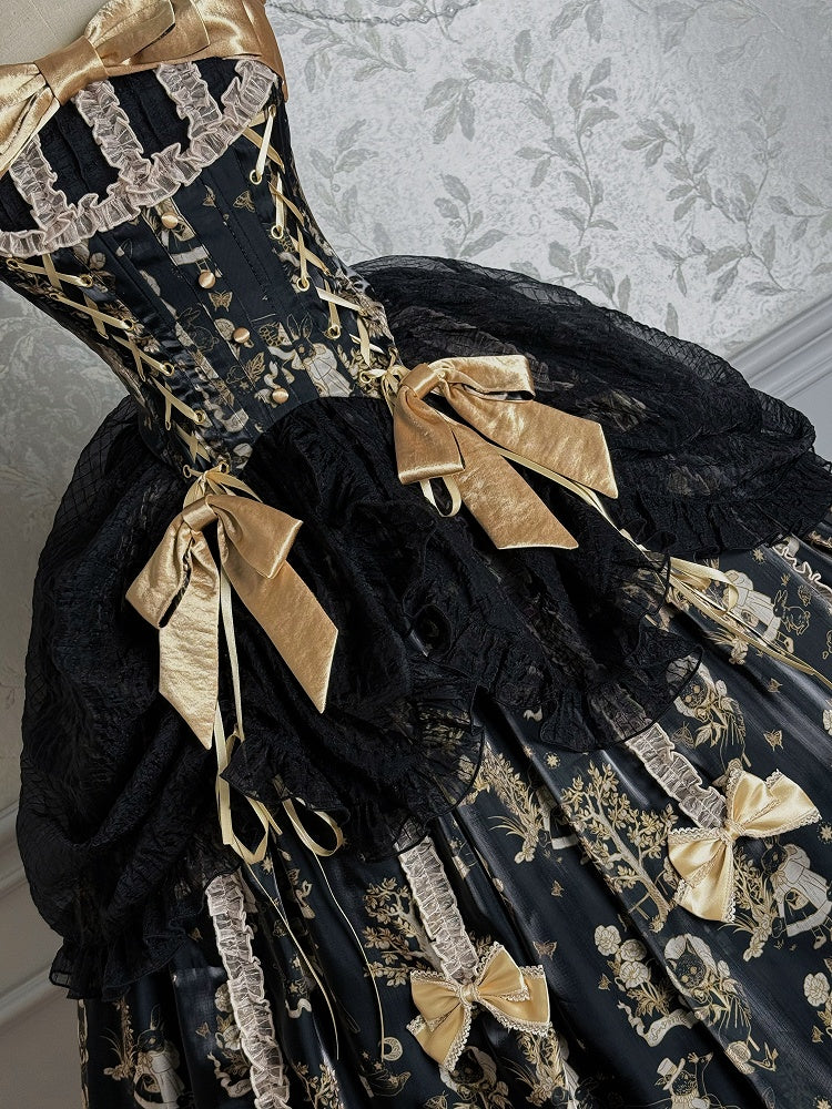 Waist Overlay Lolita and Drawstring Jumper Skirt Corset Black Gold