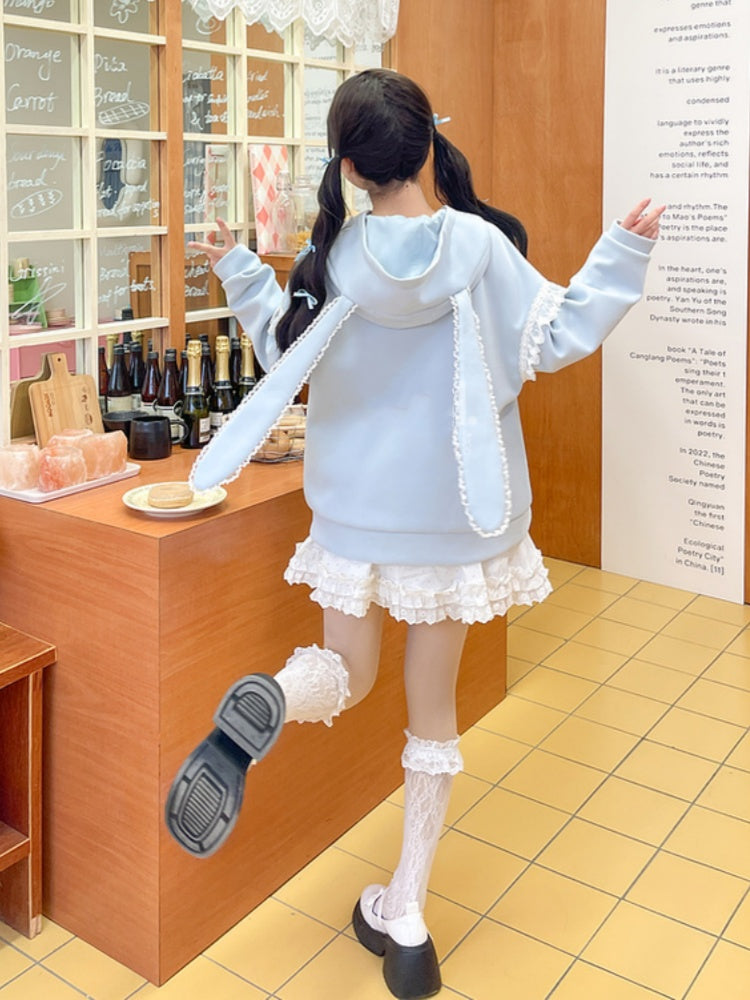 Yume Kawaii Blue Bunny Ear Hood Rabbit Print Hoodie