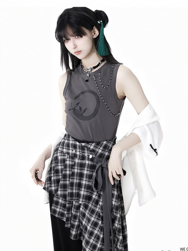 Dark Gray Crane Print Cropped Detachable Tank Top Chains with Beaded