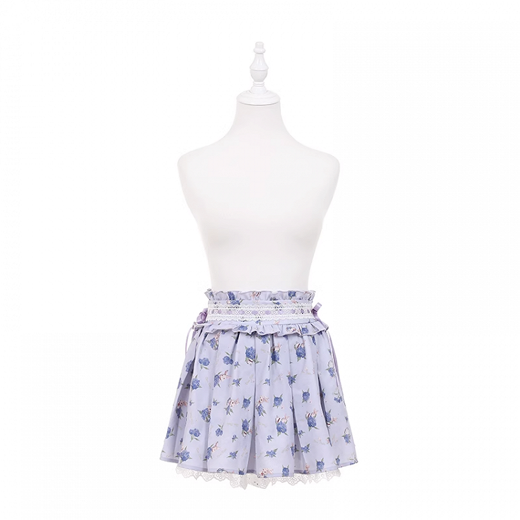 Lace Trim Skirt Light Purple Hydrangea Print Box Pleat