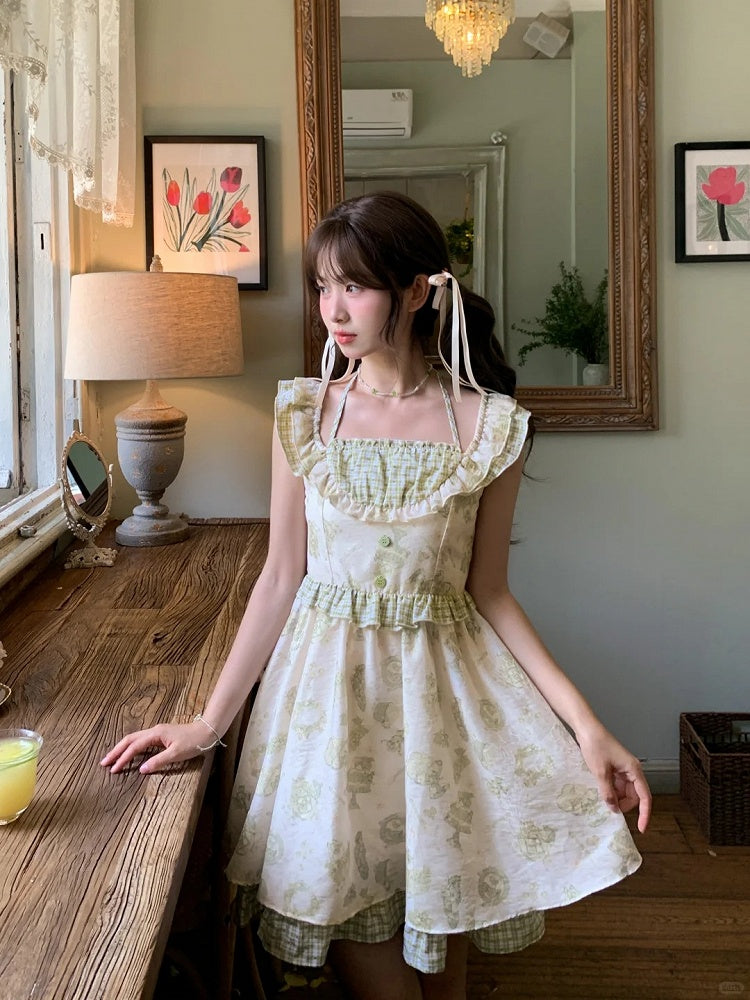 Kei Green Plaid Flutter Sleeves Halter Dress Light Cartoon Print Mori