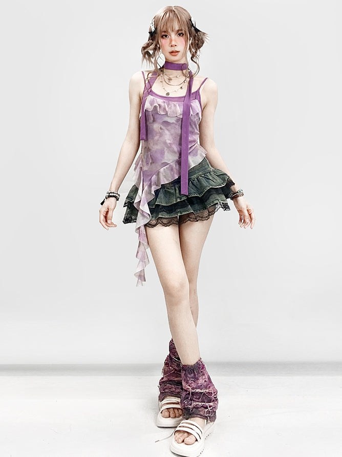 Purple Hem Asymmetrical Ruffles Top Design Dye + Tie Cami Scarf Y2K Trim