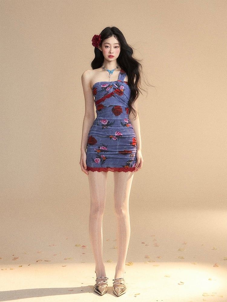 Monet's Secret Garden Mini Floral Sleeveless Dress Pattern Glamorous Blue