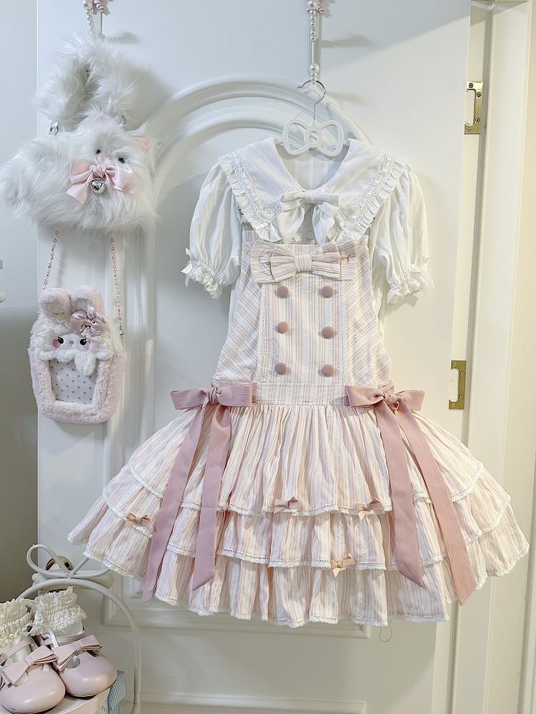 Layered Overall Lolita with Sweet Pink Ruffle Striped Dress Bow Accents