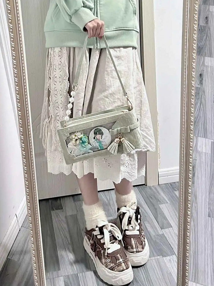 Ita Style Floral Green Cheongsam With Accent Pattern PU Bow Fringe Bag