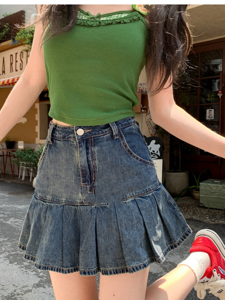Waist Pleated Denim Skirt Blue High