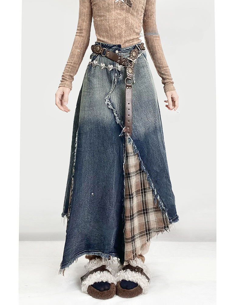 Denim&Plaid Patchwork Asymmetrischer Saumrock