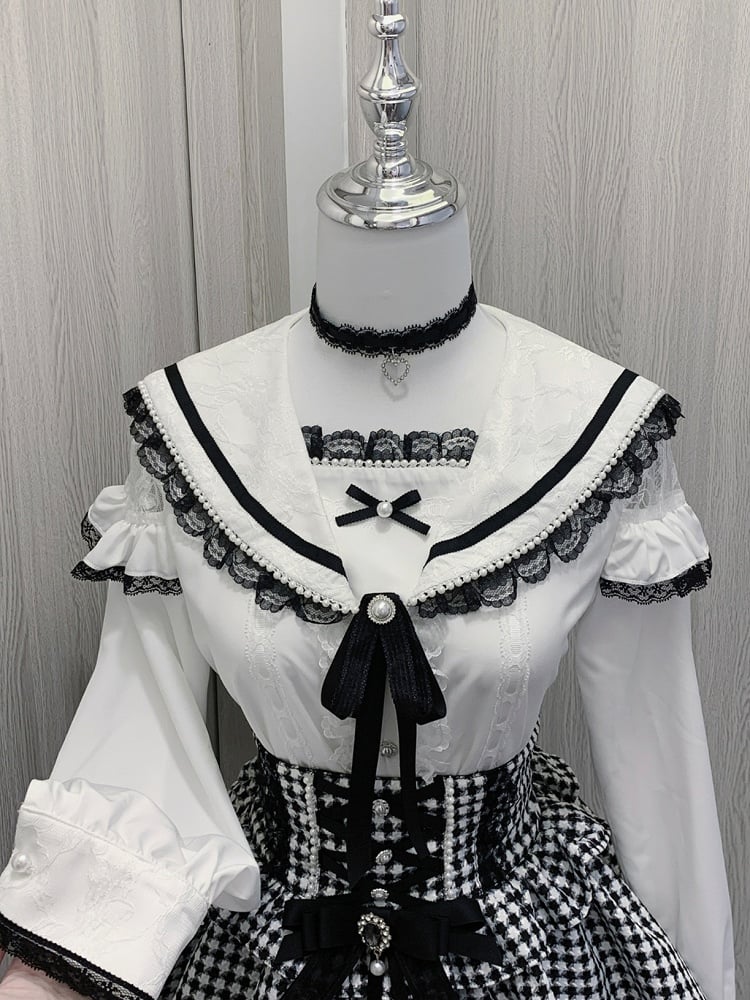 Pendant Trim Blouse Lace with Jirai Kei Black/White Sailor Collar Cutout Choker Shoulder Heart