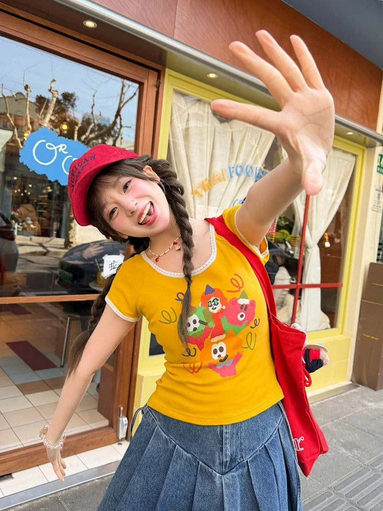 Cartoon Print T-Shirt Neck Ginger Lace Trim Round