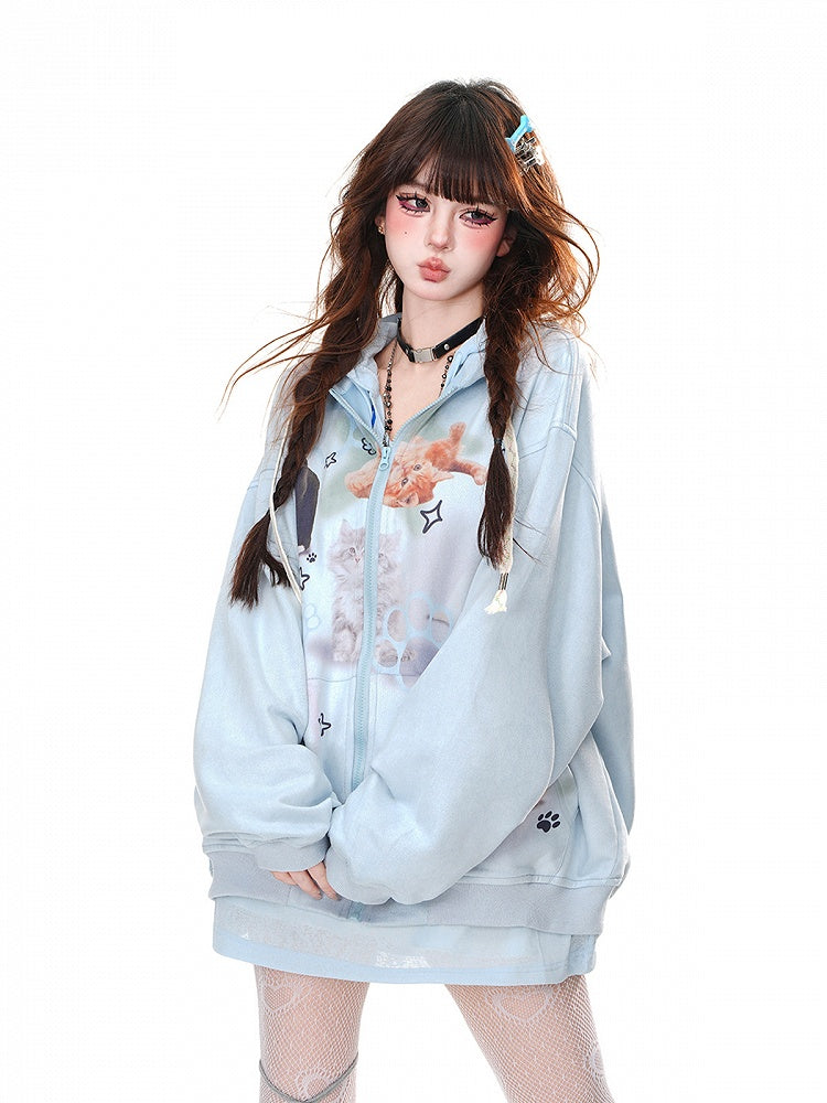White/Blue Kitty Print Zip Closure Loose Hoodie