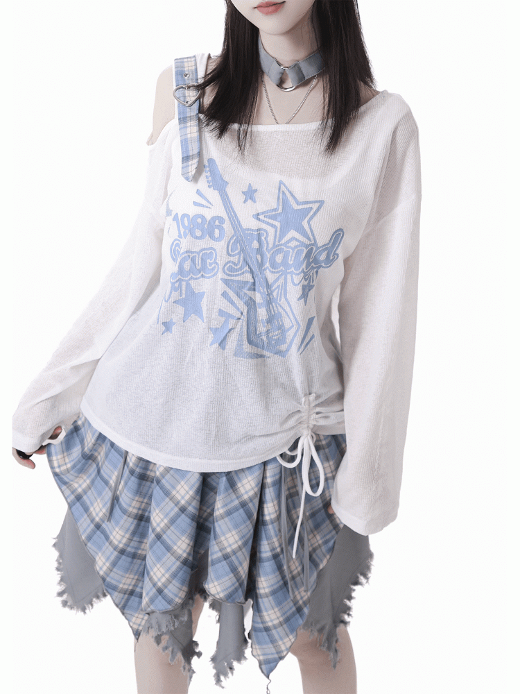 Plaid Skirt White /Black Frayed Handkerchief Hem Blue