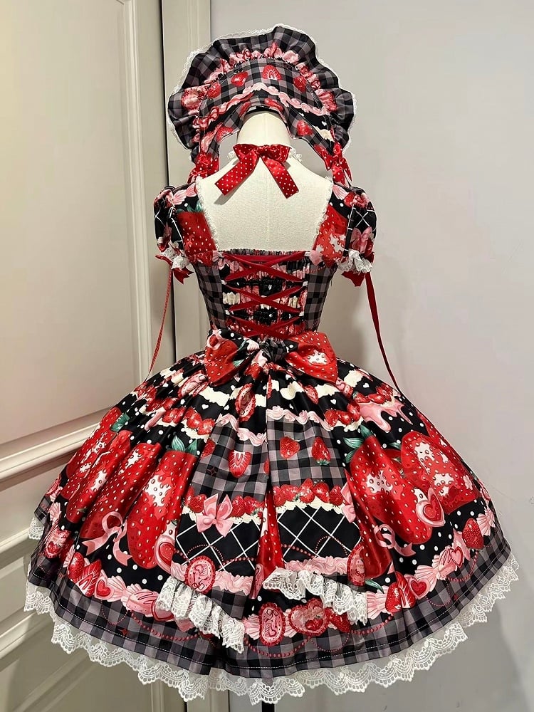 XXL Bust Apron Plaid Print with for 96-111CM Pattern Black Strawberry Sweet Dress Clearance-Size Summer and Lolita