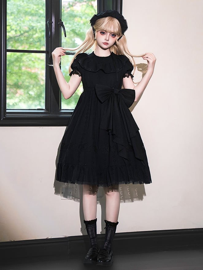 Sweet Lolita Dress Kuro Puff High Black Cotton Sleeves Waist