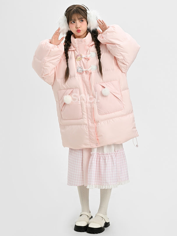 Pink Cute Bear and Kitty Plush Trim Hooded Down Coat