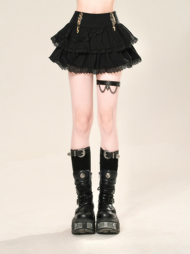 バックル付きグラマラスブラックレースストラップトリムティアードスカートレオパード