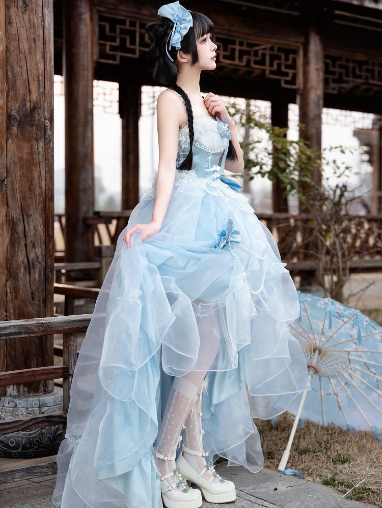 Sizes Flounce Blue High-low Princess Available Top Waist Lolita Boned + Skirt Cascading Plus