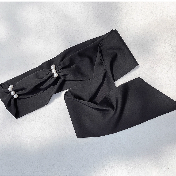 / Black Satin Waist Belt with Bead Details White