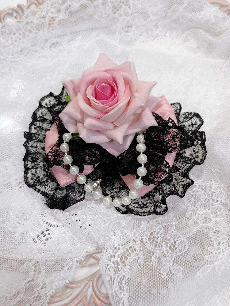 Hairclip Floral Bowknot Beaded Charm Trim BlackPink Design Lace