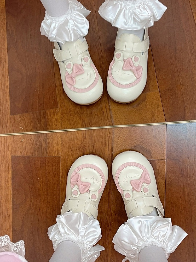 Accnet Süße Ohr Klett Herz Rüschen Schleife Riemen Schuhe Verschlüsse Bunny mit Niedrigem Absatz Beige Rosa