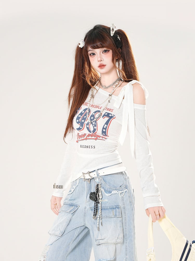 Asymmetrical Neckline Top Vintage Number Print Blue/White/Black