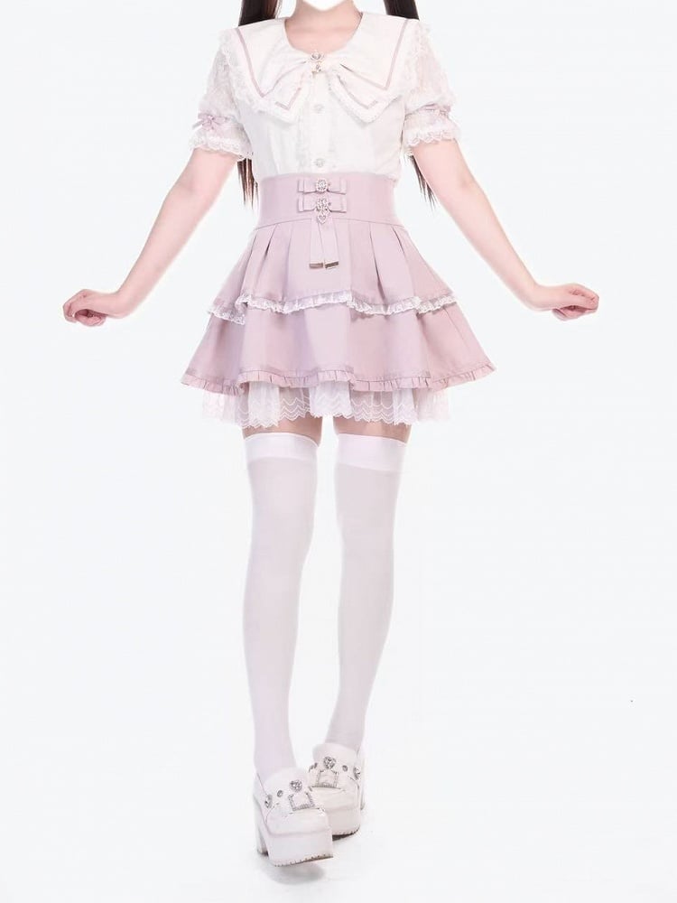 Bluse mit rosa-weißen Schleifen und Kronenbrosche Jirai Kei Schleifenkragen
