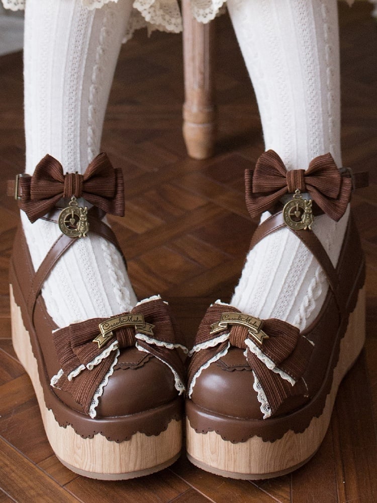 Rund Dunkel - Charm Akzente Schleife Uhr Süße Plattformen Lolita Zehe Braun
