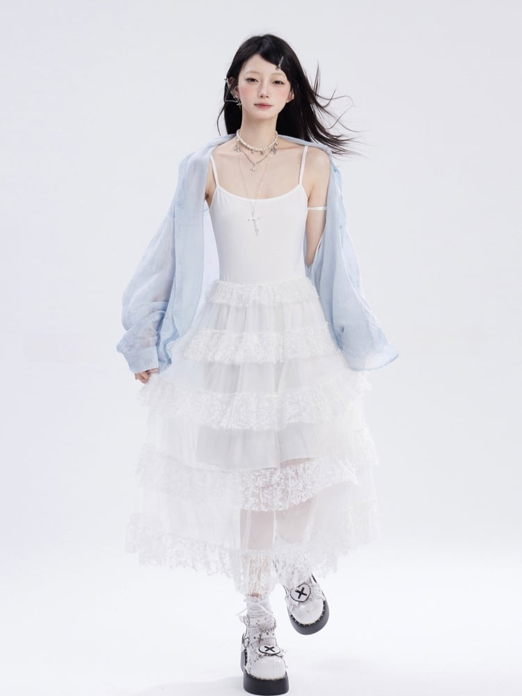 Skirt Cami Dress Waist Chain Sweet White Lace Tiered Free with
