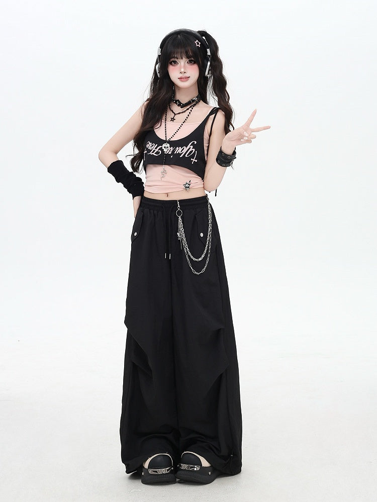 Black Punk Pants Accessory Waist Asymmetrical with Drawstring Waist Wasteland