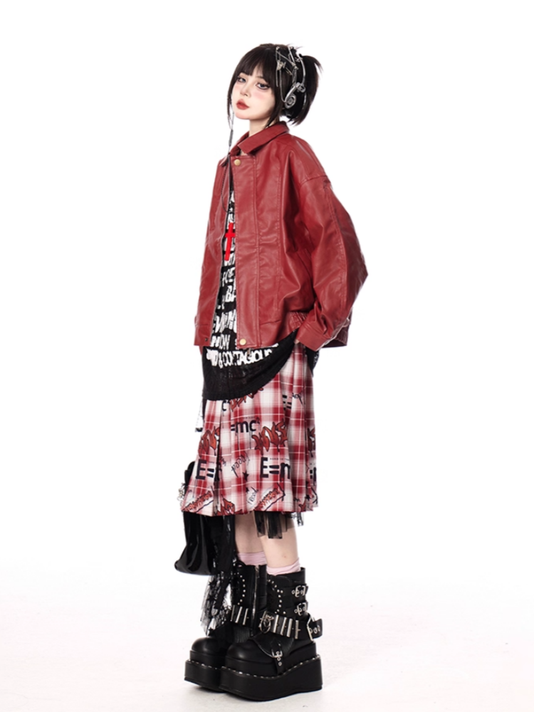 Red PU Leather Zip-up Jacket for Vintage Autumn