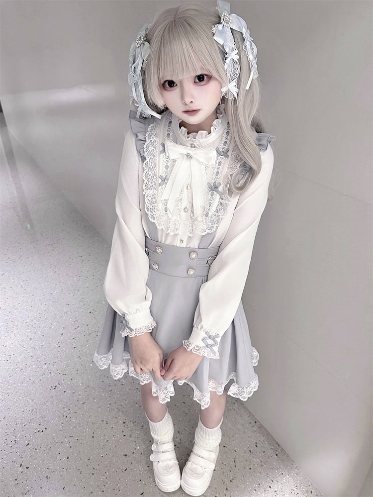 Kei and Decorative Beaded Dress Buckles Jirai Heart Buttons with Dusty Overall Sleeve Flutter Blue